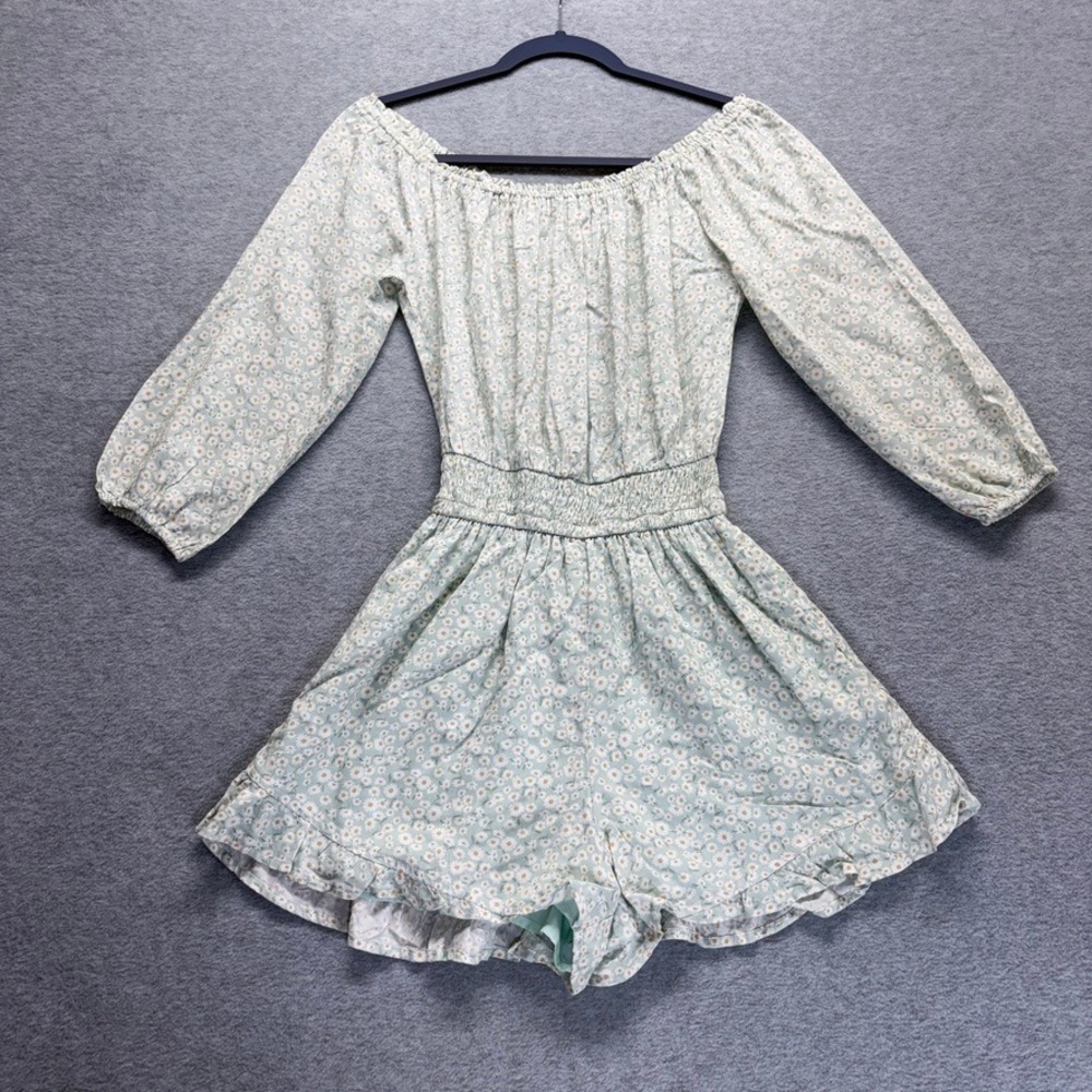 Hollister Green Daisy Floral Off Shoulder Romper Small Smocked Ruffle Hem New